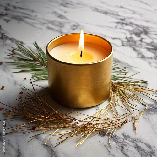 Golden Candle on White Marble with Pine Needles in Minimalist Style