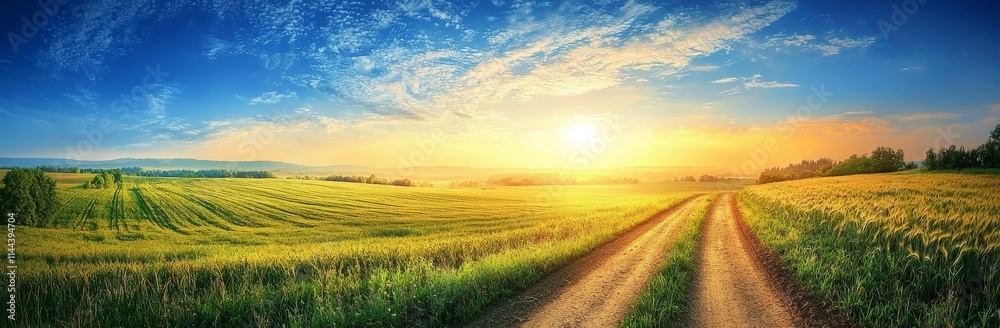 Obraz premium As the sun sets, the sky lights up with a beautiful glow, illuminating a rural scene featuring a country road, a young green wheat field, and a meadow. This image represents concepts of agriculture