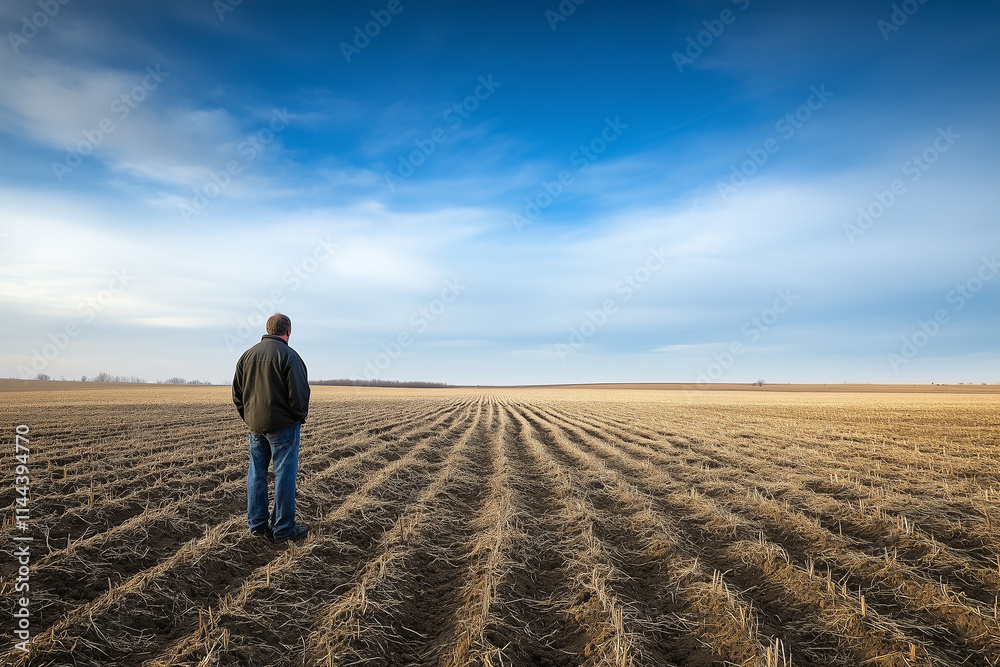 A man is walking in a field of dry grass A man is walking in a field of dry grass