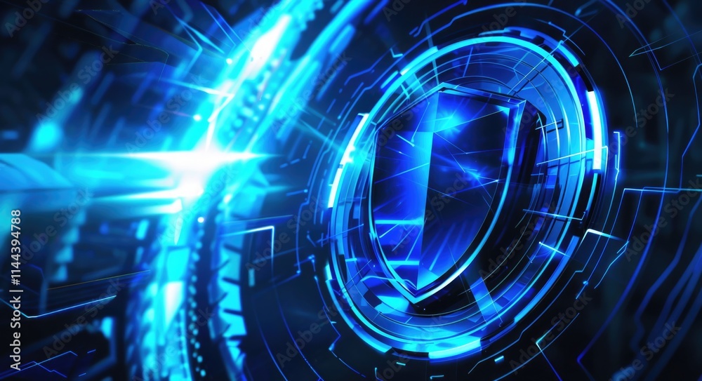 Shield With Circle. Icon of Security Shield Connected with Futuristic Circle Technology on Abstract Blue Background Shield With Circle. Icon of Security Shield Connected with Futuristic Circle Technology on Abstract Blue Background