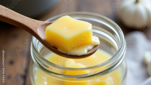 A wooden spoon stirring melted yellow lard into a jar filled with more chunks of beef fat on a rustic surface with garlic and a wooden board. photo