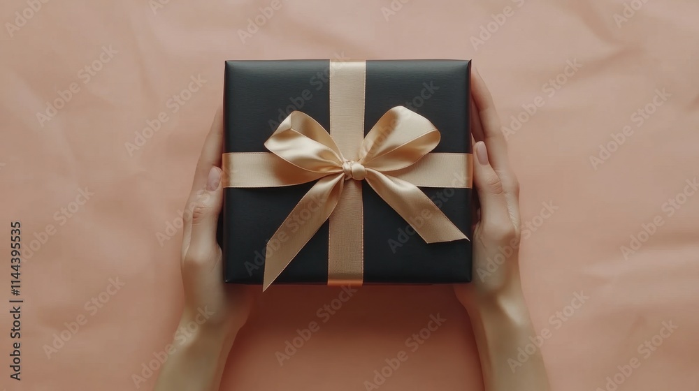 Elegant black gift box with golden ribbon bow held by caucasian female hands Elegant black gift box with golden ribbon bow held by caucasian female hands