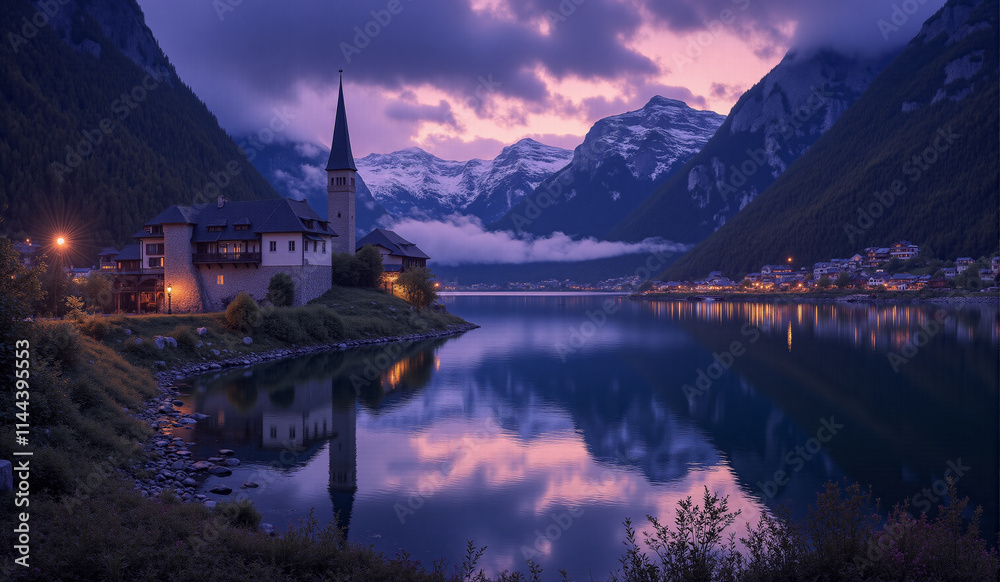 Lakeside Serenity, Twilight at Hallstatt Lakeside Serenity, Twilight at Hallstatt