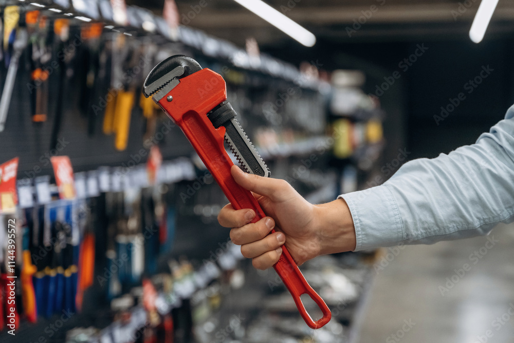 Fototapeta premium Pіре wrench in hands. Detailed close up view of man's hand in the hardware store