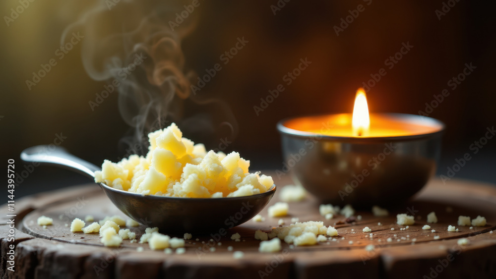 Obraz premium Beef tallow with spoon sitting on a rustic wooden board.