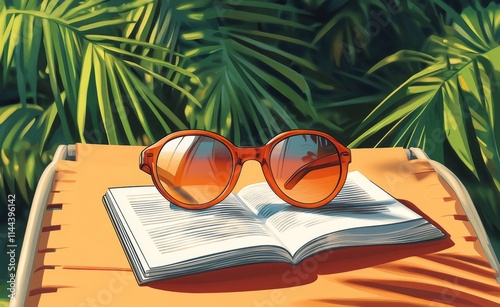 Relaxing moments in a tropical paradise with sunglasses and an open book on a...