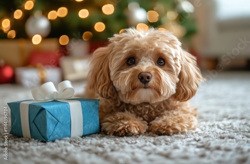 Sweet dog resting by wrapped gift in cozy living room decorated for holidays ...