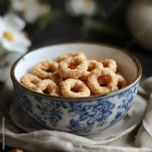 Tasty and healthy lightly toasted cereal loops with honey nuts in a retro style