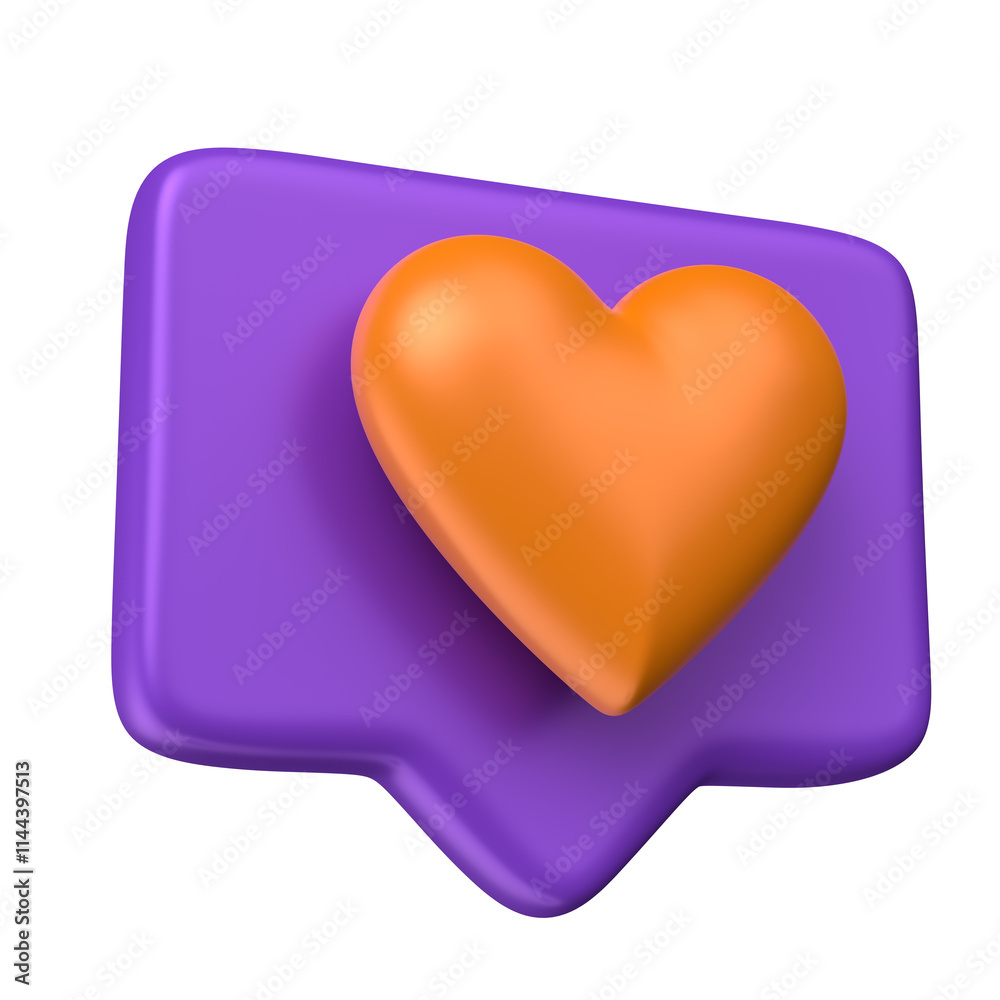 Orange Heart On Purple Speech Bubble Icon In 3D Render with transparent background Orange Heart On Purple Speech Bubble Icon In 3D Render with transparent background
