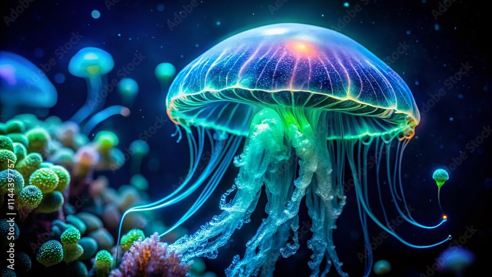 Fototapeta premium Night Jellyfish Sting, Bioluminescent Ocean, Underwater Photography, Dark Sea Creatures, Glowing Jellyfish, Marine Life, Aquatic Photography