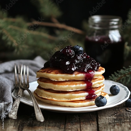 Fluffy pancakes are topped with rich berry jam, served on a rustic wooden table alongside a cozy atmosphere photo