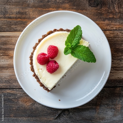 Cheesecake on white plate, mint, raspberries.