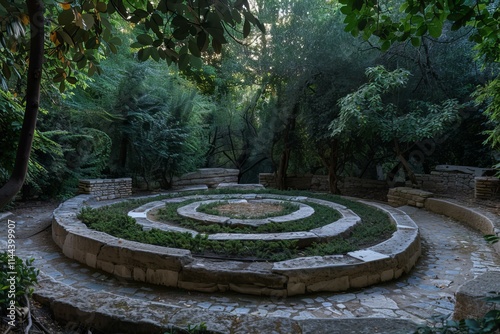 Circular stone structure with concentric rings of greenery stands as a testament to a bygone era, inviting contemplation and wonder photo