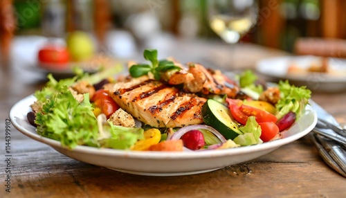 Fresh and Healthy Salad with Grilled Chicken and Mixed Vegetables on a Wooden Table