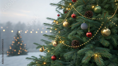 
Image of snowflakes over christmas tree and decorations on black background
