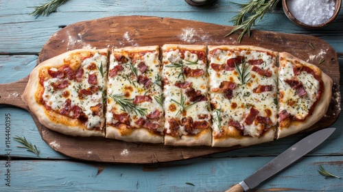 Delicious homemade pizza with fresh herbs served on a wooden board in a rusti...