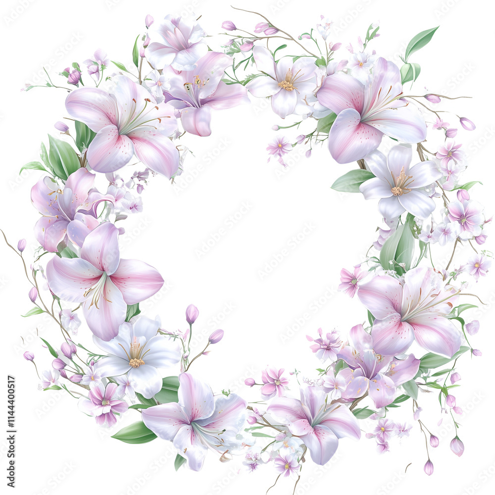 Floral wreath with Easter lilies, daisies, and budding branches Floral wreath with Easter lilies, daisies, and budding branches