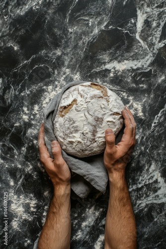 Homemade bread dough being shaped by hands on a floured countertop in a cozy ...