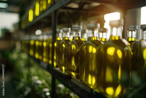 Glass bottles with fresh olive oil standing in row on shelf at grocery