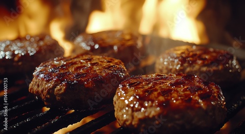Grilling delicious beef patties over open flames during a summer barbecue gat...
