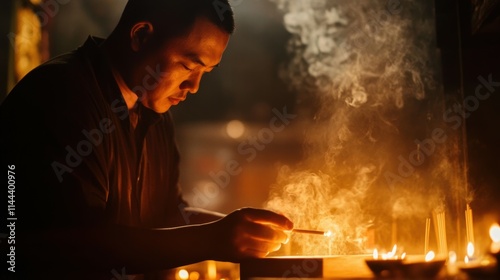 Asian man lighting incense temple photography soft bokeh candlelight close-up spiritual serenity