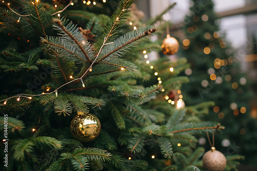 
Image of snowflakes over christmas tree and decorations on black background
