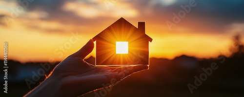Silhouette of a hand holding a house model against a beautiful sunset backgro...