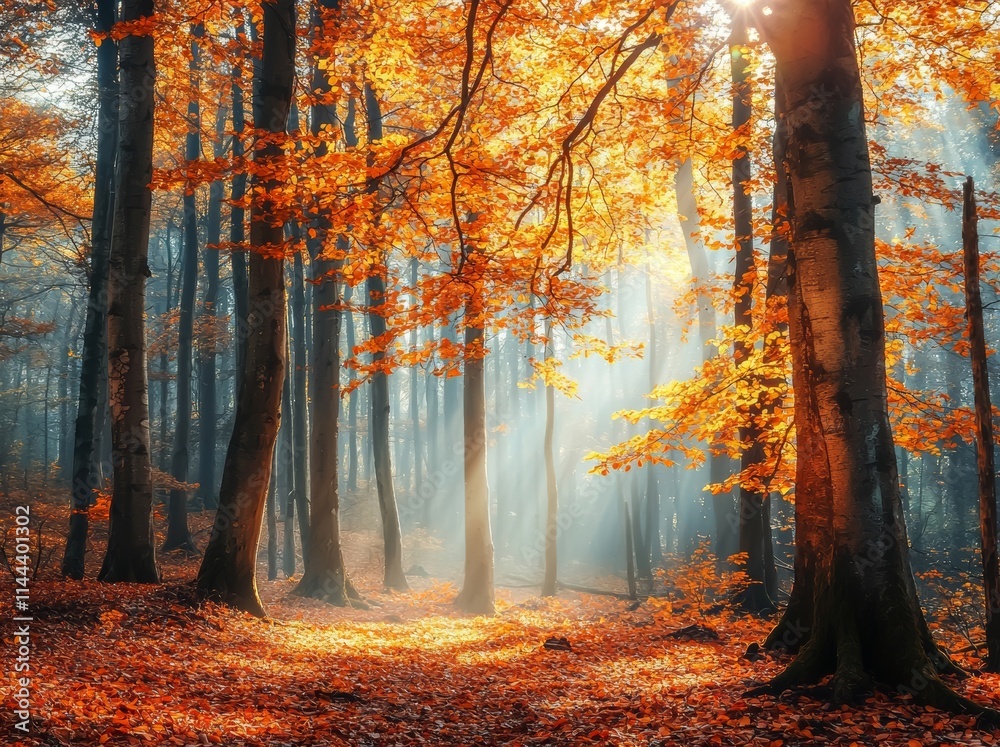 The sun shines through morning fog, illuminating a bright, foggy forest with trees in full autumn color. The sun shines through morning fog, illuminating a bright, foggy forest with trees in full autumn color.