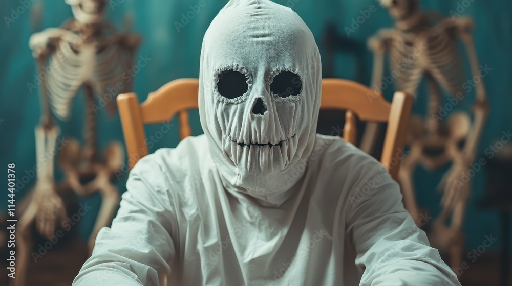 A ghastly masked figure seated at a table, silhouetted against looming skeletons, creating a chilling and macabre atmosphere with an unsettling presence. A ghastly masked figure seated at a table, silhouetted against looming skeletons, creating a chilling and macabre atmosphere with an unsettling presence.