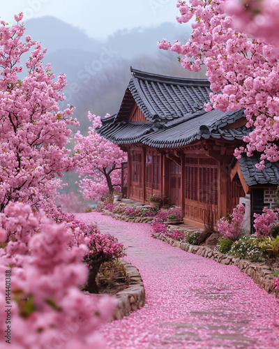  a serene korean hanok garden surrounded by blossoming cherry trees,