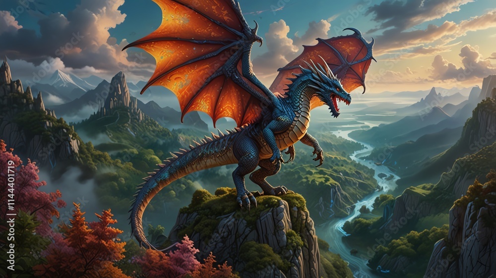 Fototapeta premium Majestic two-headed dragon perched atop a mountain peak overlooking a breathtaking valley