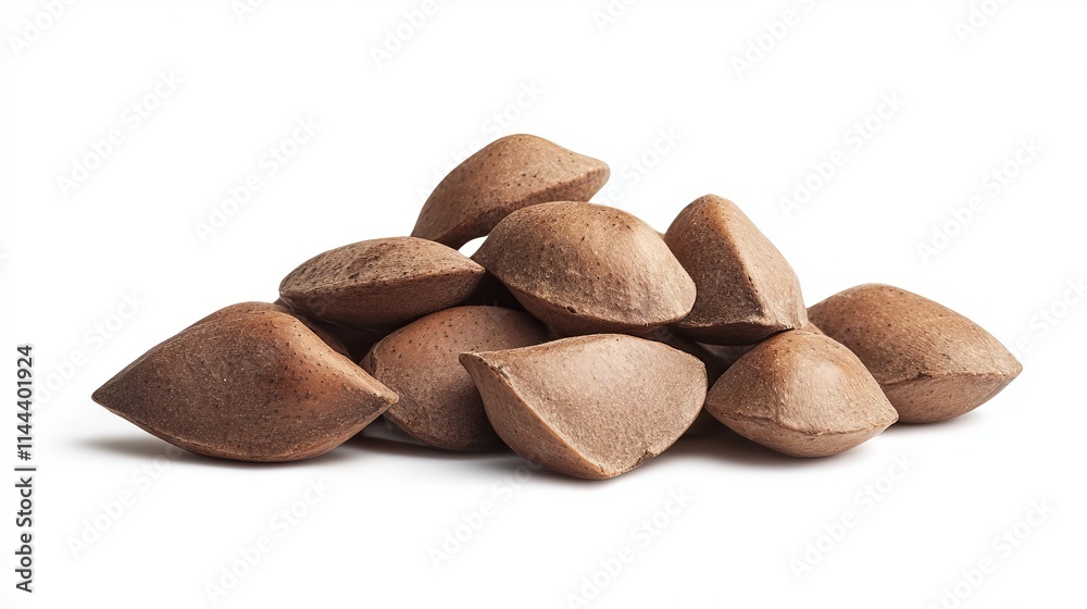 Obraz premium Brazil Nuts: A small pile of whole Brazil nuts with smooth, light brown shells, isolated against a white background. 
