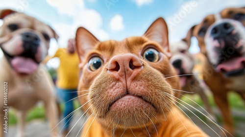 A humorous and curious cat captured up close with a group of friendly dogs, illustrating the playful and amusing relationships among pets. photo