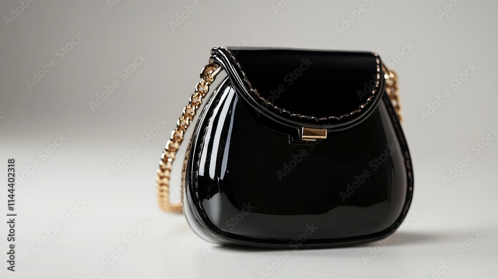 Mini Purse: A tiny black mini purse with a glossy finish and a gold chain strap, isolated on a white surface. - Mini Purse: A tiny black mini purse with a glossy finish and a gold chain strap, isolated on a white surface. -