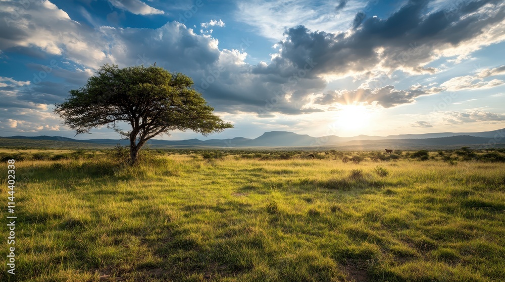 A tranquil landscape featuring a single tree against a sunset, with clouds and mountains in the distance, capturing the beauty of nature's serene evening scene. A tranquil landscape featuring a single tree against a sunset, with clouds and mountains in the distance, capturing the beauty of nature's serene evening scene.