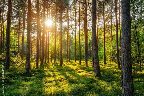 In the forest, plants thrive as sunlight streams through the trees.