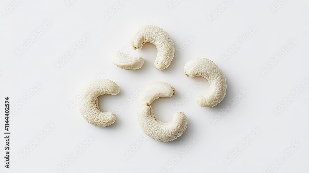 Cashews: A handful of raw cashews with a pale, smooth texture, arranged on a white background Cashews: A handful of raw cashews with a pale, smooth texture, arranged on a white background
