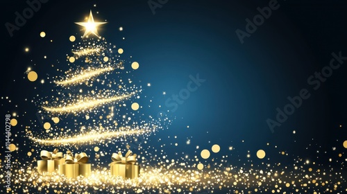 Glimmering Gold: Elegant Christmas Tree Ornaments and Gifts on Blue Background