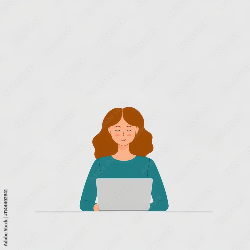 Digital illustration of a woman working on a laptop at a minimalist workspace. Digital illustration of a woman working on a laptop at a minimalist workspace.