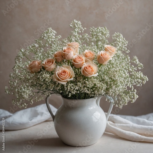 A romantic bouquet of baby's breath and roses in a soft white vase on a neutral background.