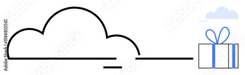 Cloud outline connected to a gift box with a blue ribbon. Ideal for technology, cloud computing, data storage, digital rewards, IT services, cloud benefits, and online gifting. Line metaphor