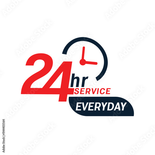 a red and blue color sign Everyday24 hours service availability background with clock
