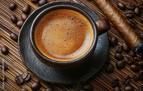 Enjoying freshly brewed coffee served in a rustic ceramic cup on a wooden sur...