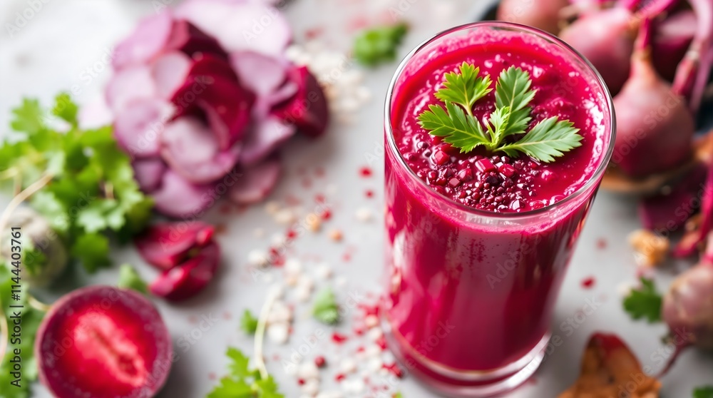 Beetroot Juice with Parsley Garnish in Rustic Setting (Gluten-Free Cuisine) Beetroot Juice with Parsley Garnish in Rustic Setting (Gluten-Free Cuisine)