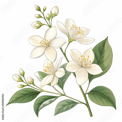 elegant and stunning illustrations of arabian jasmine flowers with delicate white petals and lush green leaves