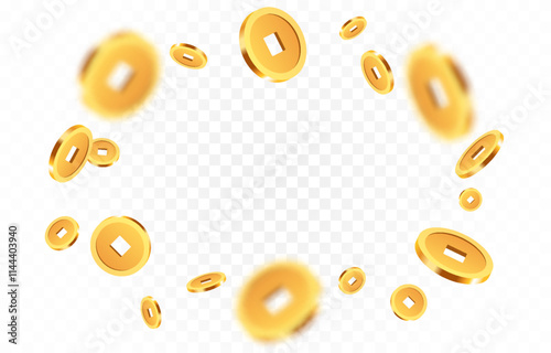 Realistic gold Chinese coins png. Gold coins explosion png. Gold Chinese coins falling from the sky. Victory, easy money.