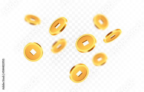 Realistic gold Chinese coins png. Gold coins explosion png. Gold Chinese coins falling from the sky. Victory, easy money.