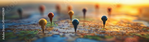 Colorful pins marking various locations on a detailed map at sunset highlighting travel plans and exploration photo