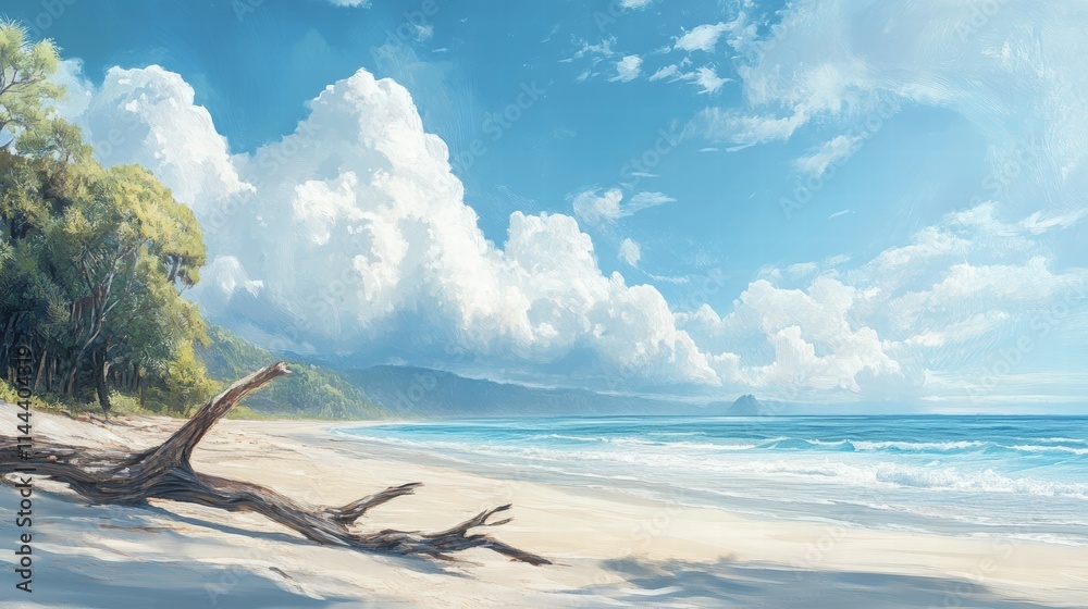 Obraz premium Serene driftwood artistry scenic beach photography in a coastal environment