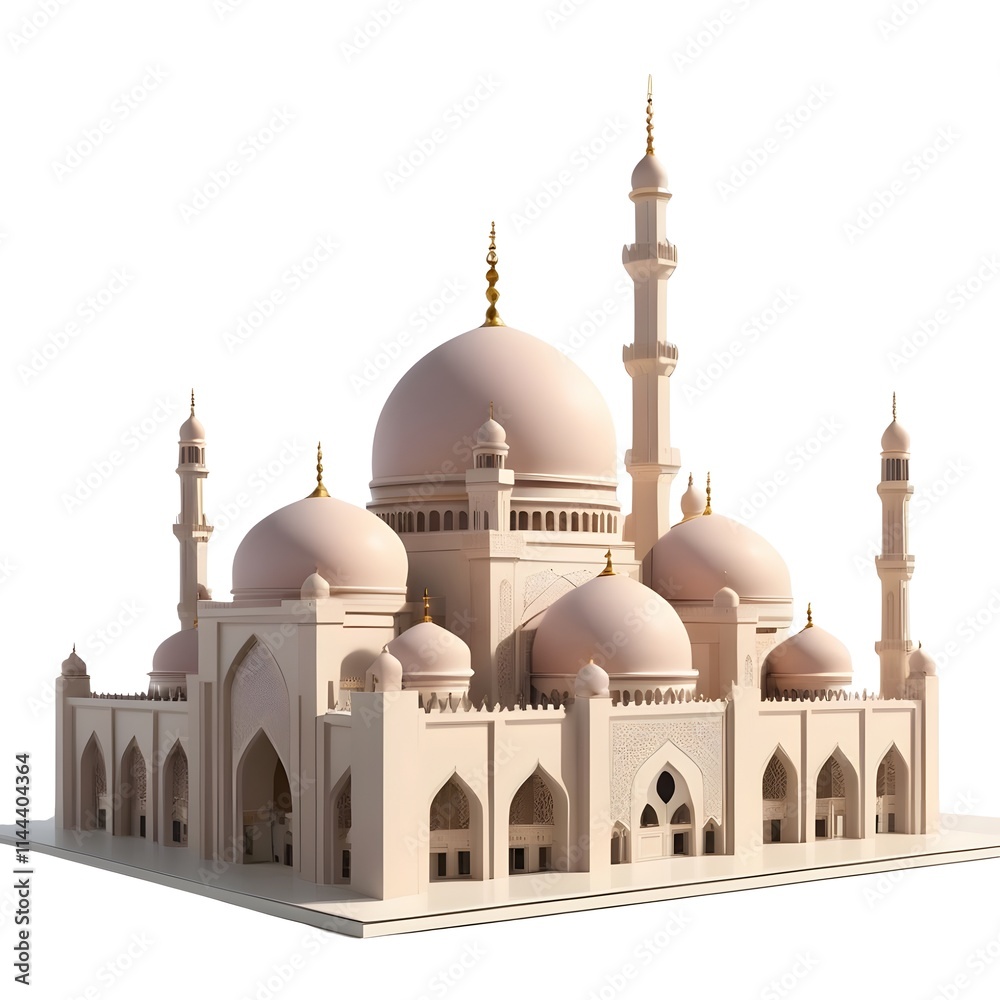Obraz premium Architectural Marvel: A Detailed 3D Model of a Grand Mosque with Multiple Domes, Minarets, and Intricate Details against a Pristine White Background